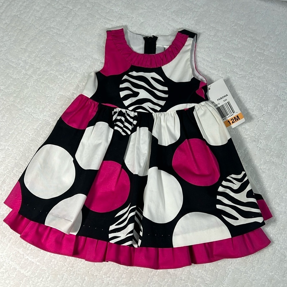New! Rare Editions fuschia white black sleeveless layered dress 12 Months
